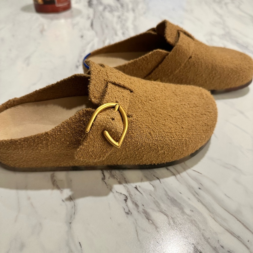Rothy’s “The Buckle Clog” in Wren Boucle